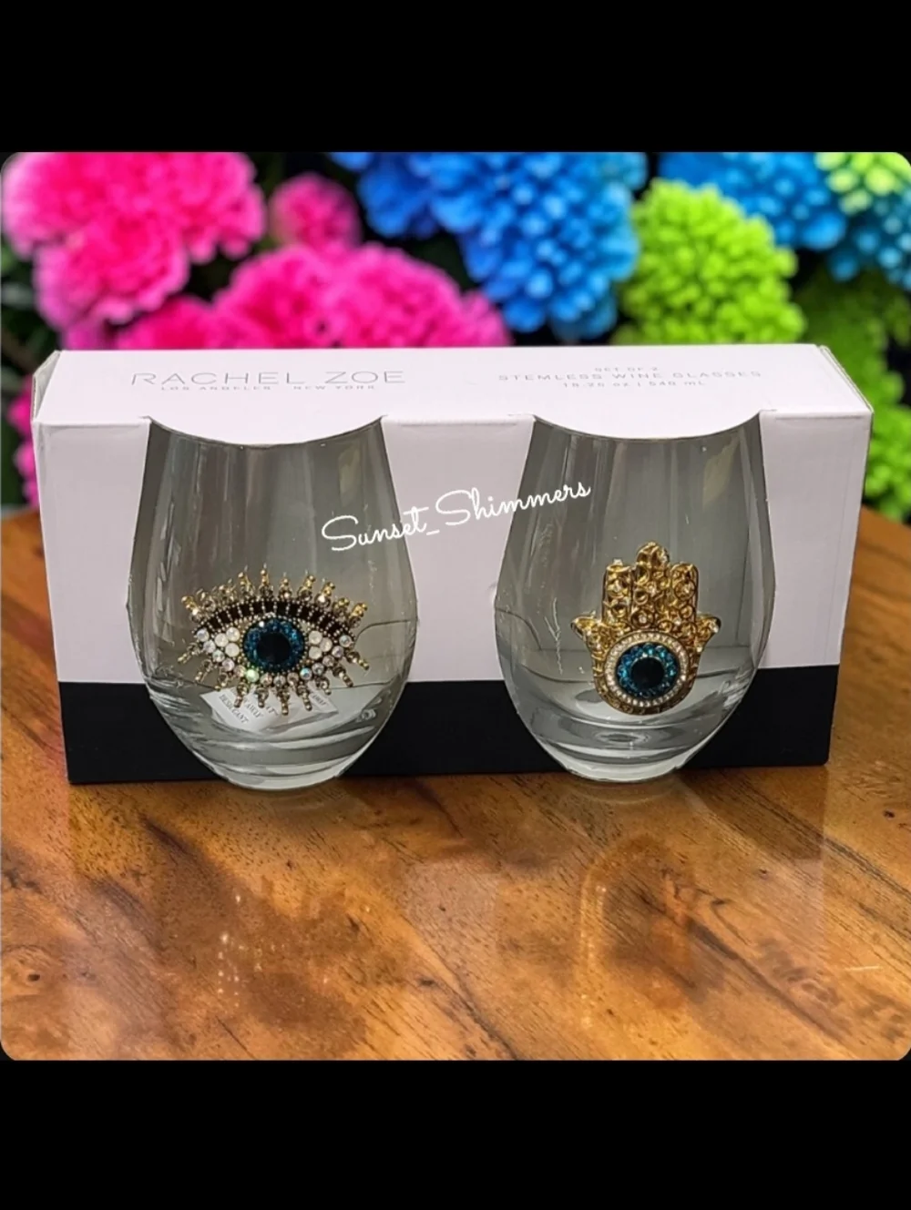 Jeweled Rhinestone Hamsa Evil Eye Mati Nazar Mal De Ojo Cocktail Wine Glass Set